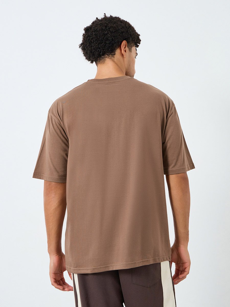 Men Brown Embroidered Oversized T-Shirt