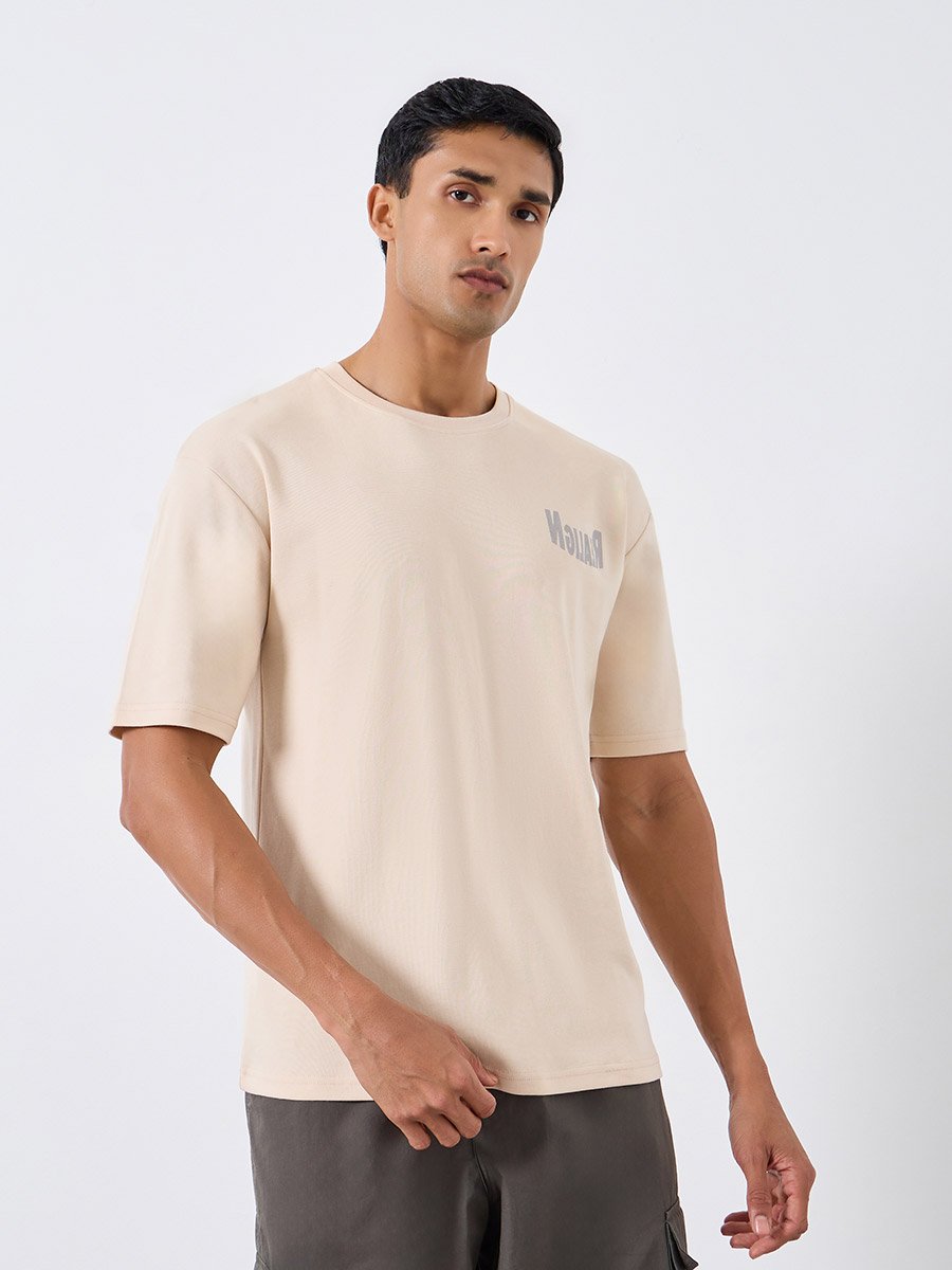 Men Beige Graphic Print Oversized T-Shirt