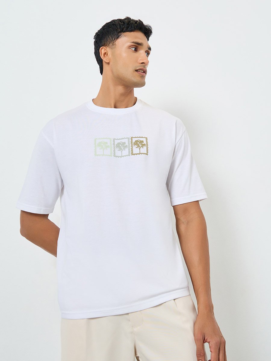 Men White Graphic Oversized Jersey T-Shirt