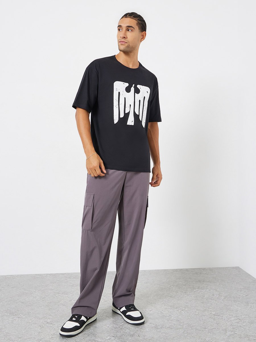 Black Graphic Print Oversized Crew Neck T-Shirt
