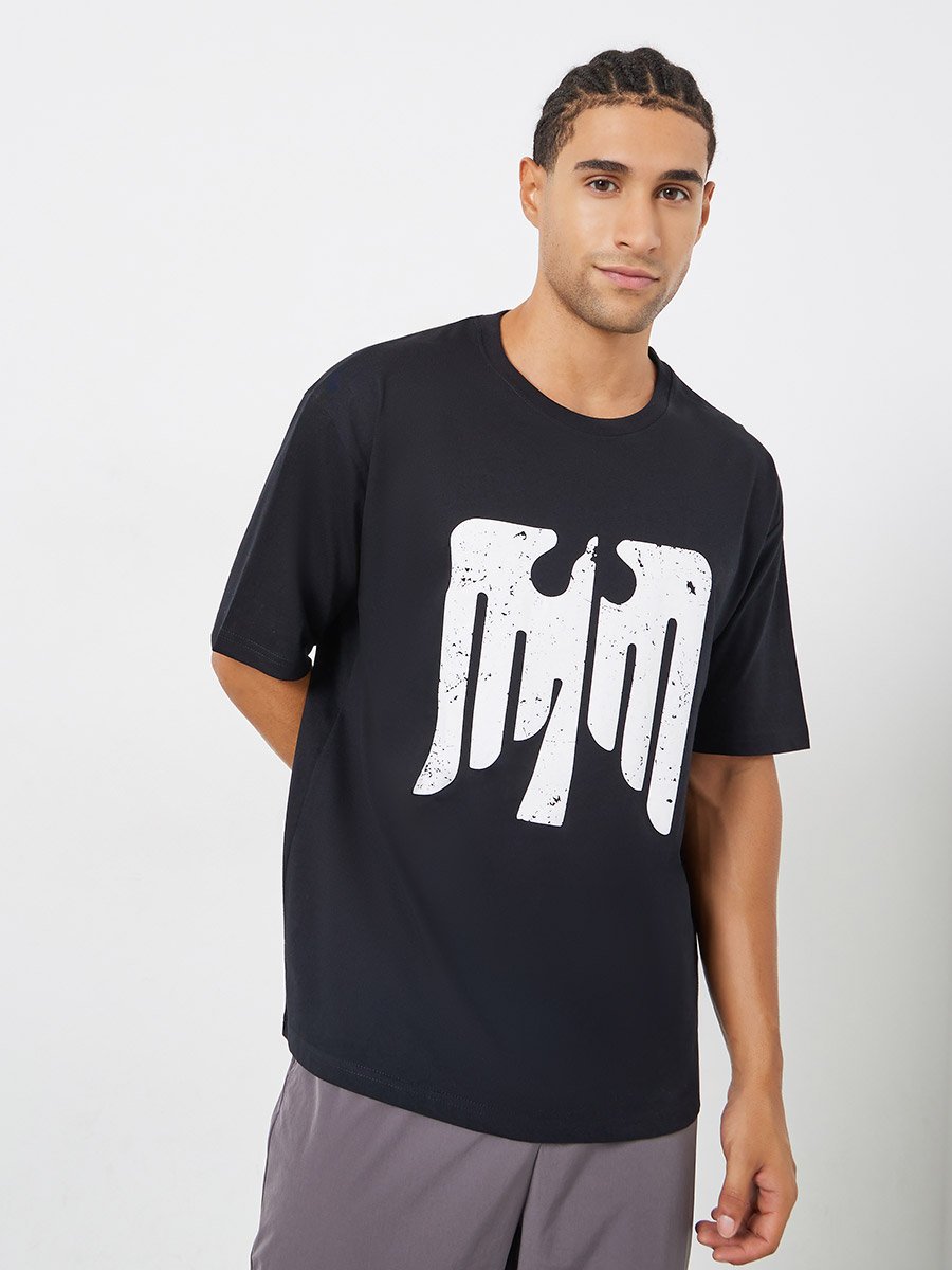 Black Graphic Print Oversized Crew Neck T-Shirt