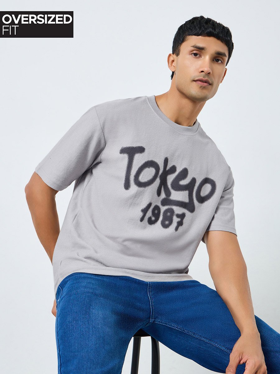 トップス All over print oversized shirt (grey) Men Grey Tokyo Graphic Print Oversized T-Shirt For Men at Oman | Styli