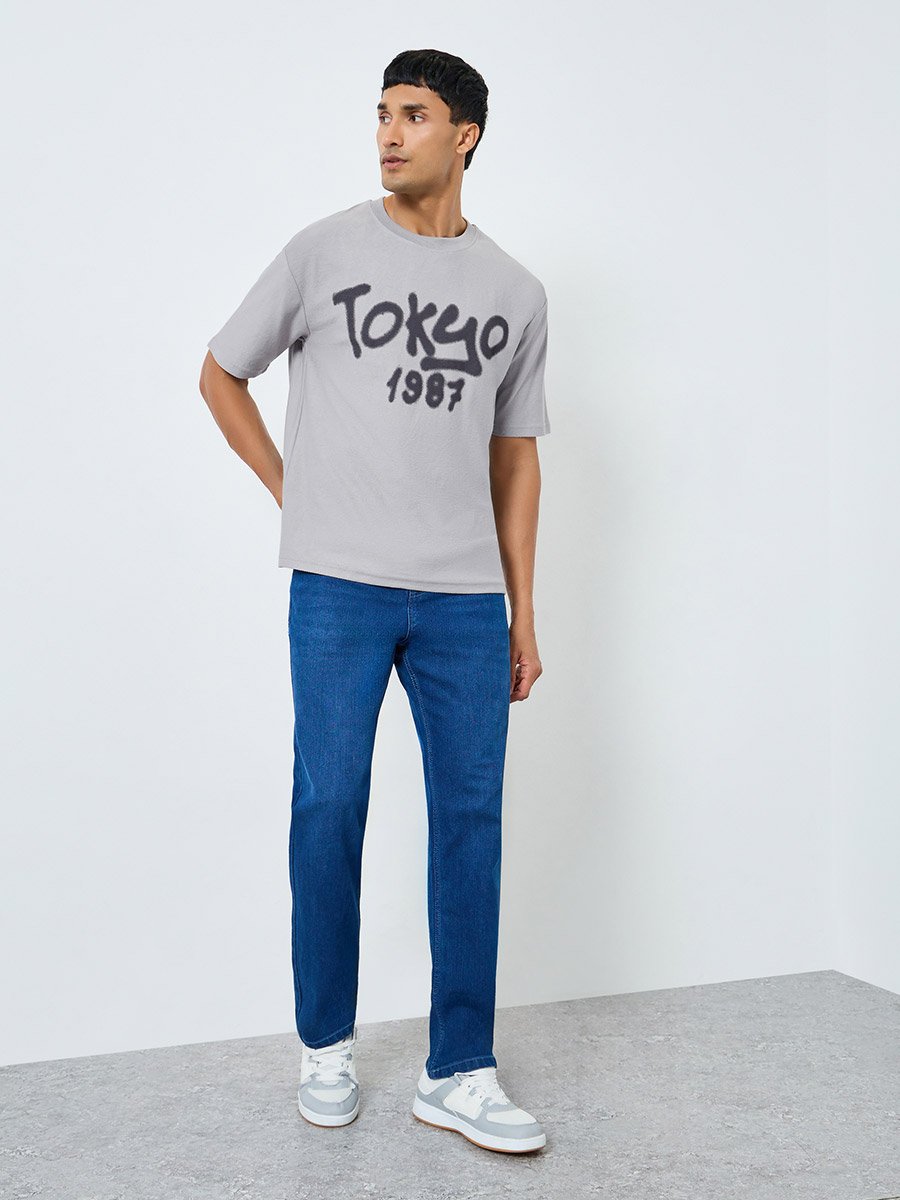 Men Grey Tokyo Graphic Print Oversized T-Shirt