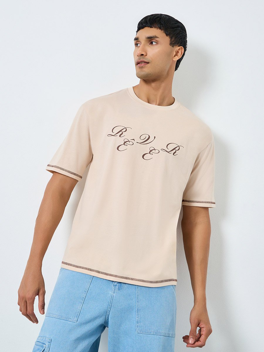 Men Beige Graphic Print Oversized T-Shirt