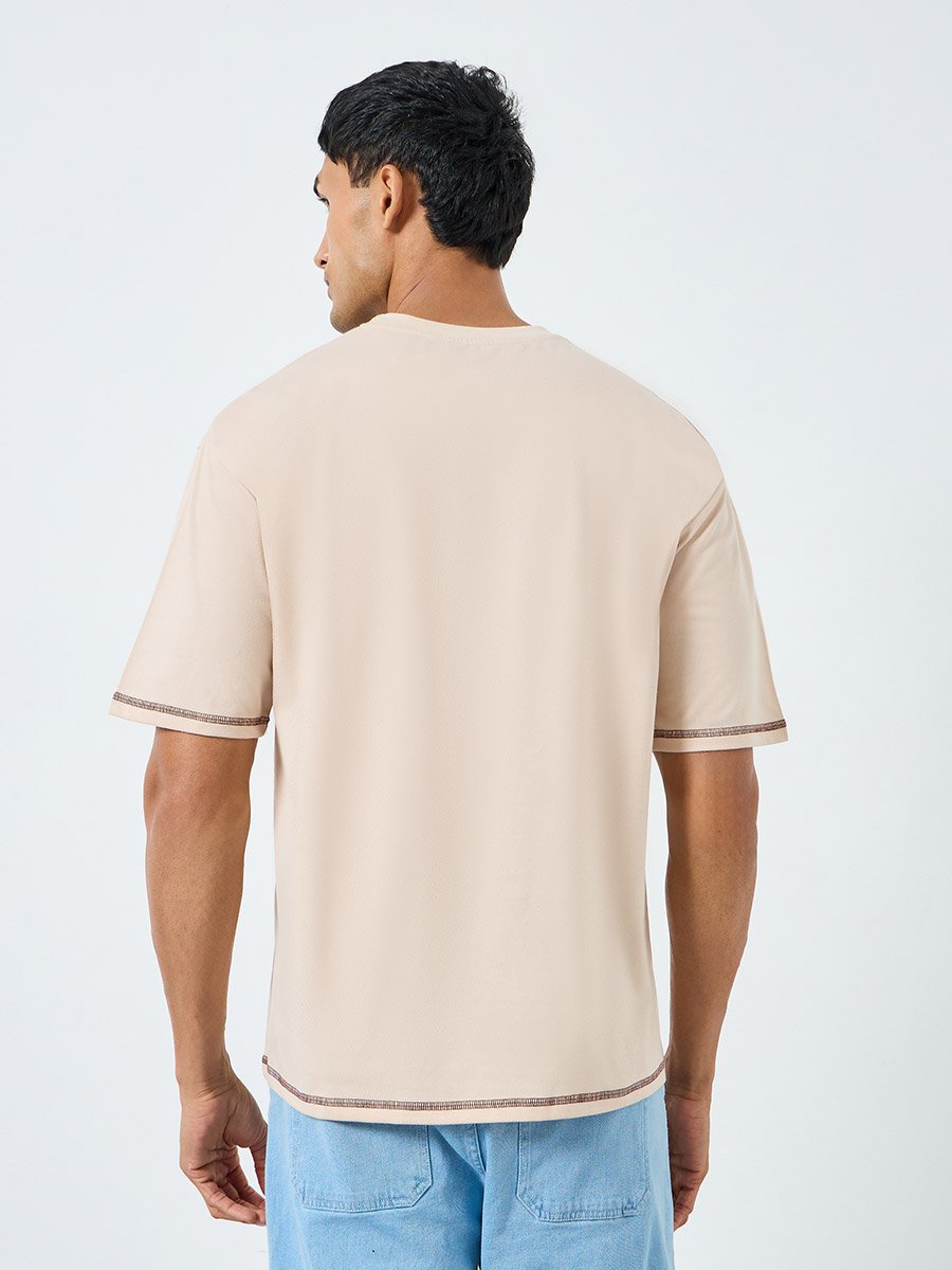 Men Beige Graphic Print Oversized T-Shirt