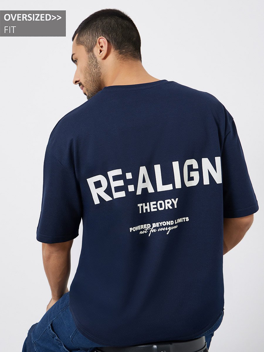 Men Navy Blue Graphic Slogan Oversized T-Shirt