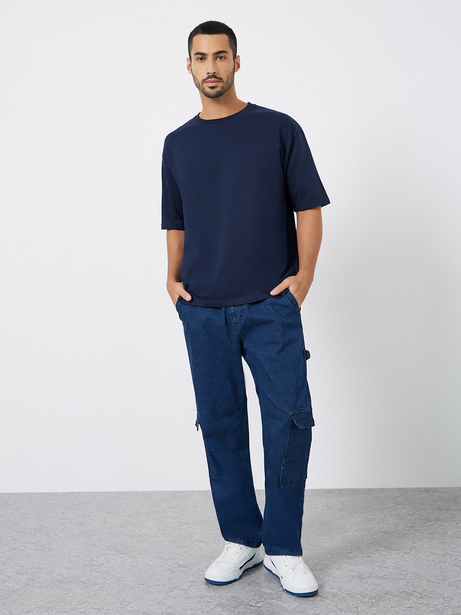 Men Navy Blue Graphic Slogan Oversized T-Shirt