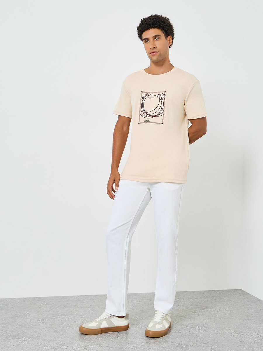 Men Beige Graphic Print Crew Neck T-Shirt