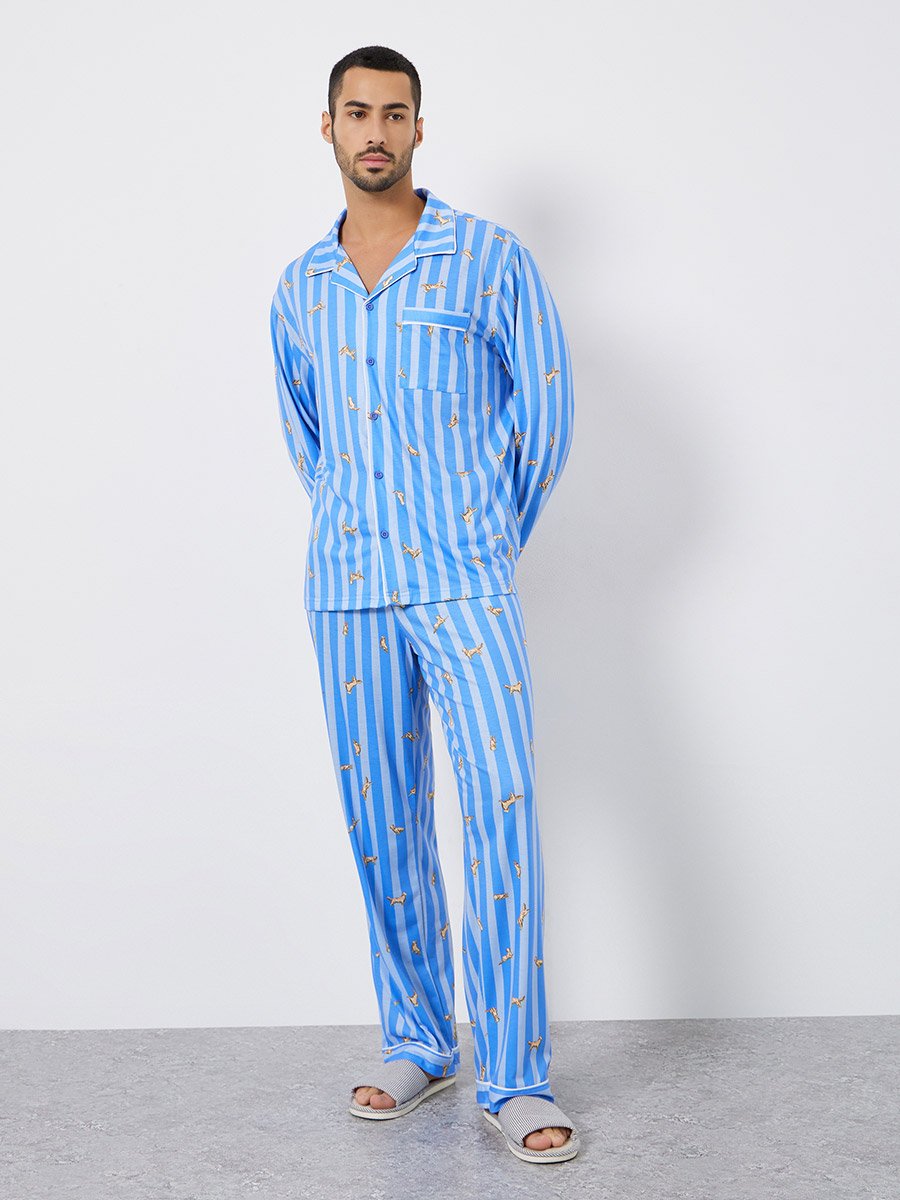 Men Striped Oversized Shirt and Pyjama Set