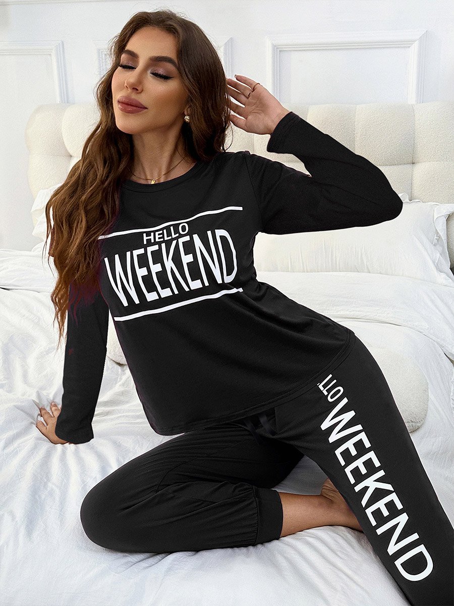 Slogan Print T-Shirt and Cuffed Pyjama Set