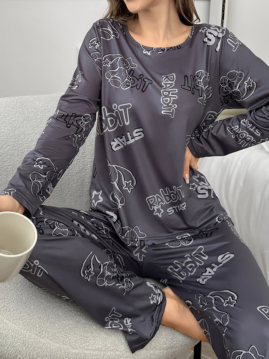 Rabbit Print Long Sleeve T-Shirt and Pyjama Set