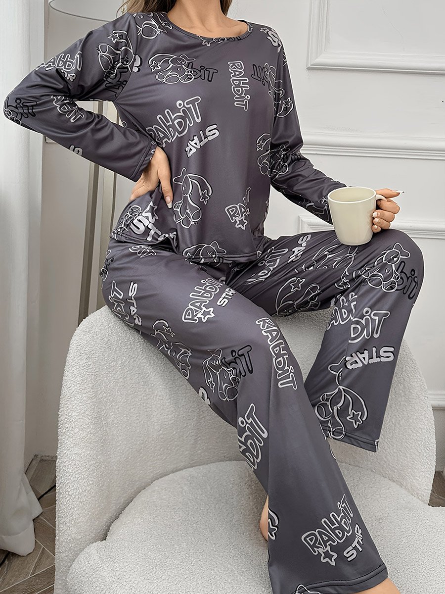 Rabbit Print Long Sleeve T-Shirt and Pyjama Set