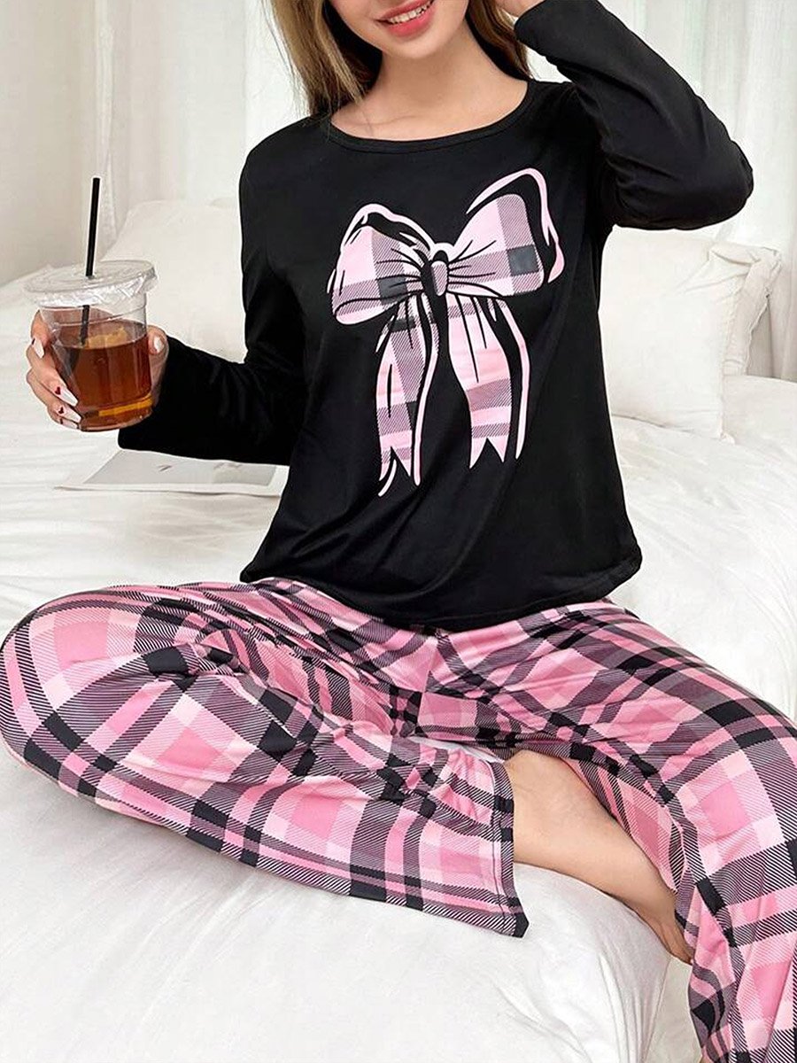 Bow Print Long Sleeve T-Shirt and Checked Pyjama Set