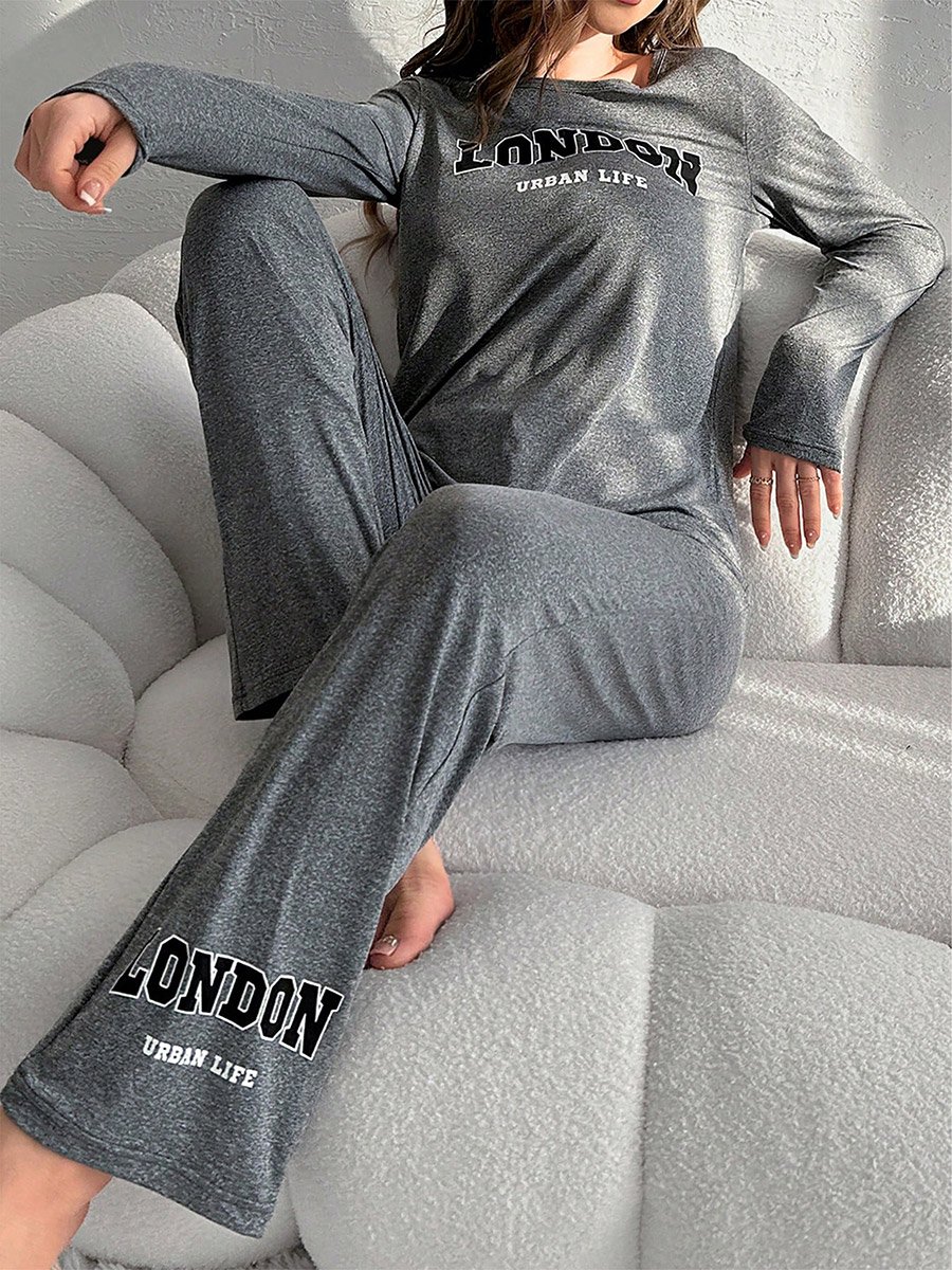 Slogan Text Print T-Shirt and Pyjama Set