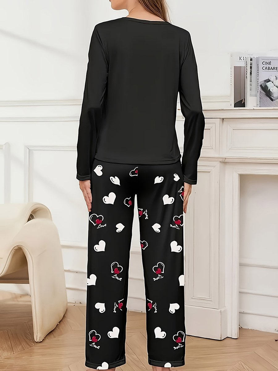 Heart Print Long Sleeve T-Shirt and Pyjama Set