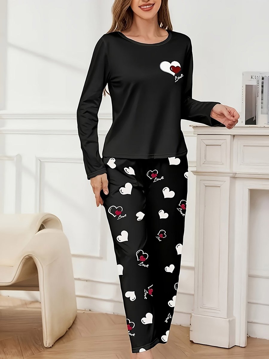 Heart Print Long Sleeve T-Shirt and Pyjama Set