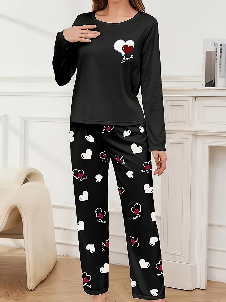Heart Print Long Sleeve T-Shirt and Pyjama Set