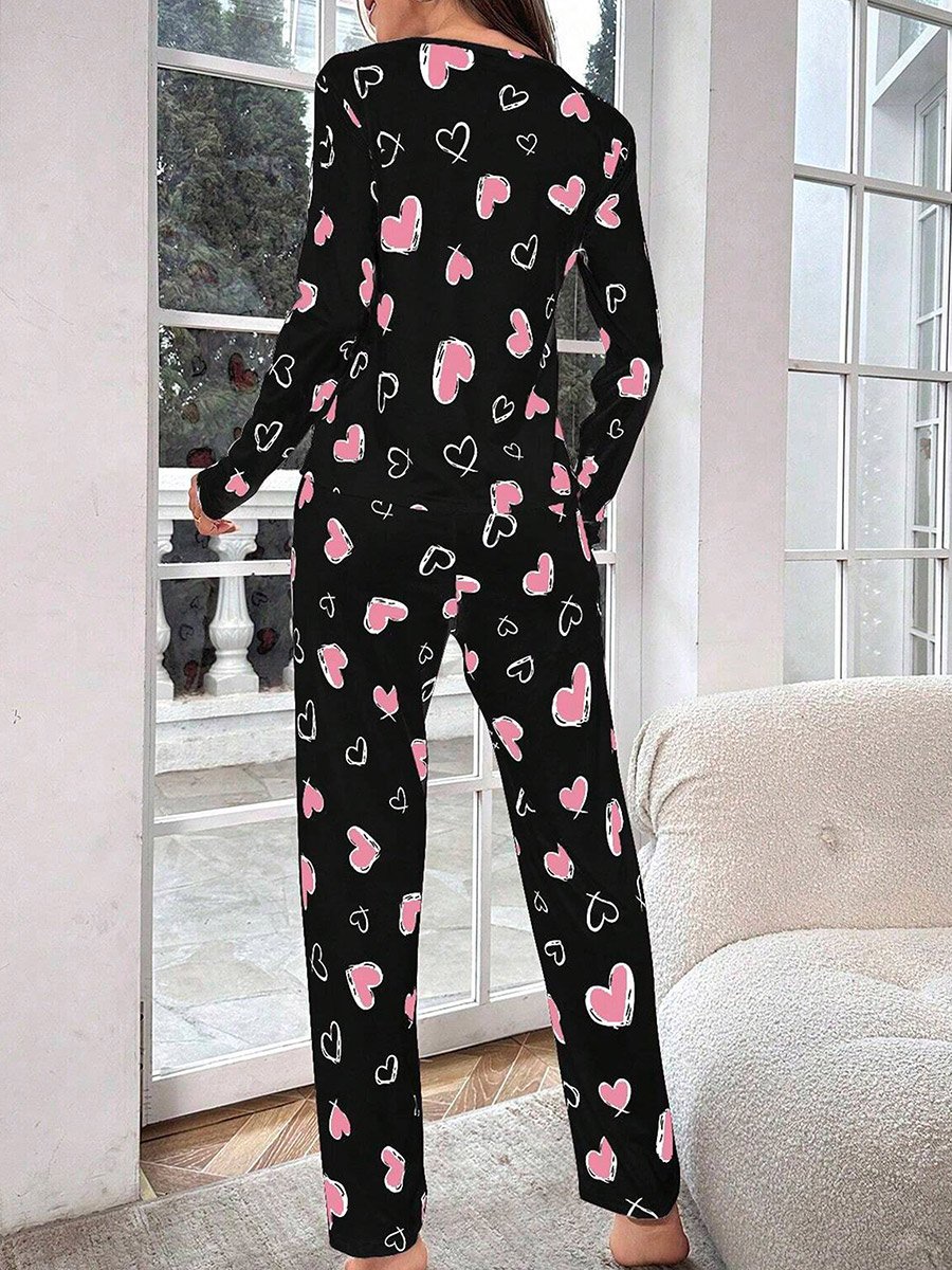 Heart Print Long Sleeve T-Shirt and Pyjama Set