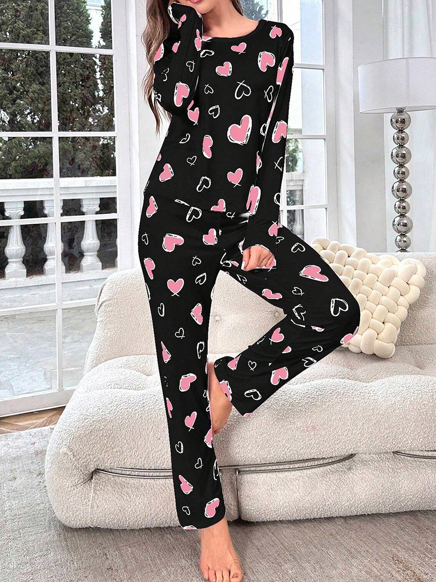 Heart Print Long Sleeve T-Shirt and Pyjama Set