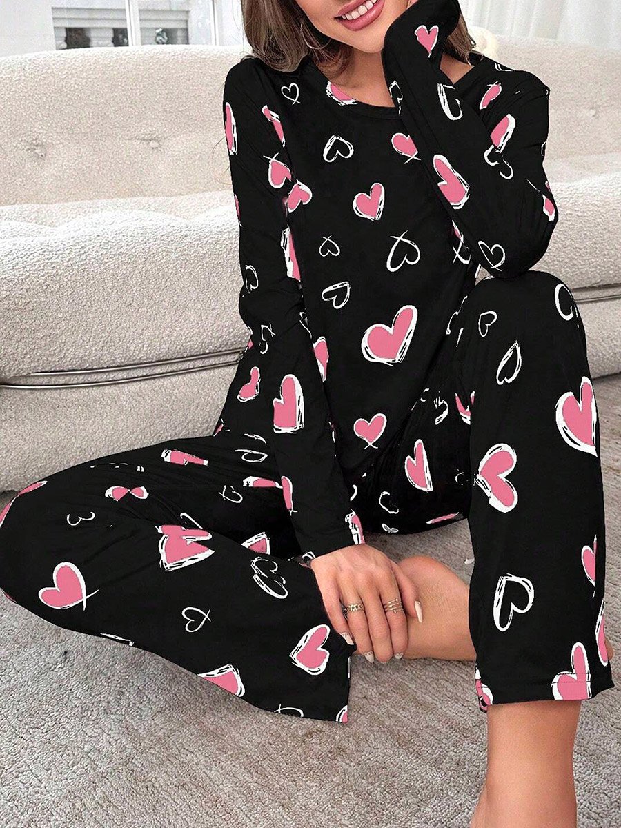 Heart Print Long Sleeve T-Shirt and Pyjama Set