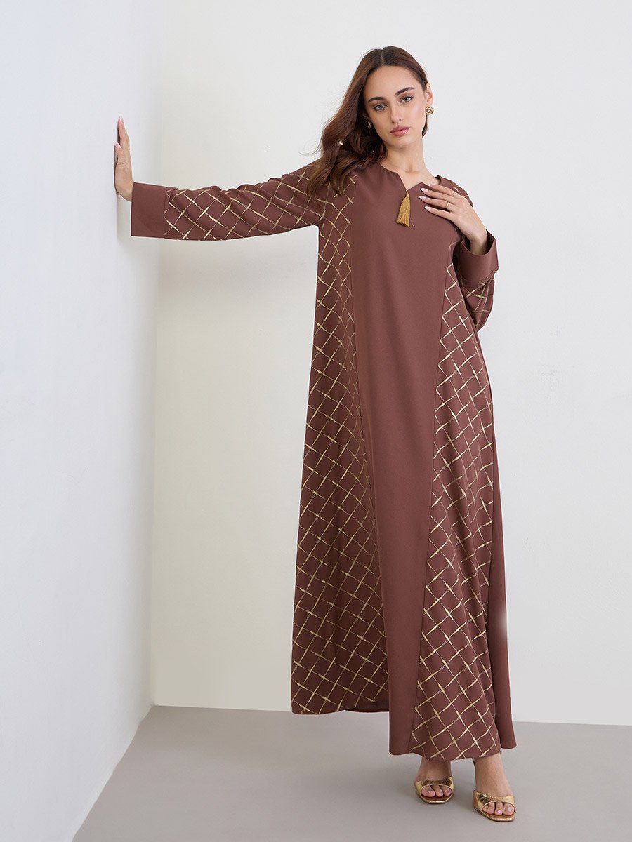  Brown Maxi Jalabiya with Gold Foil Print