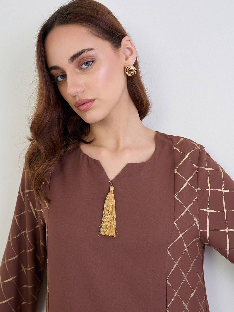  Brown Maxi Jalabiya with Gold Foil Print