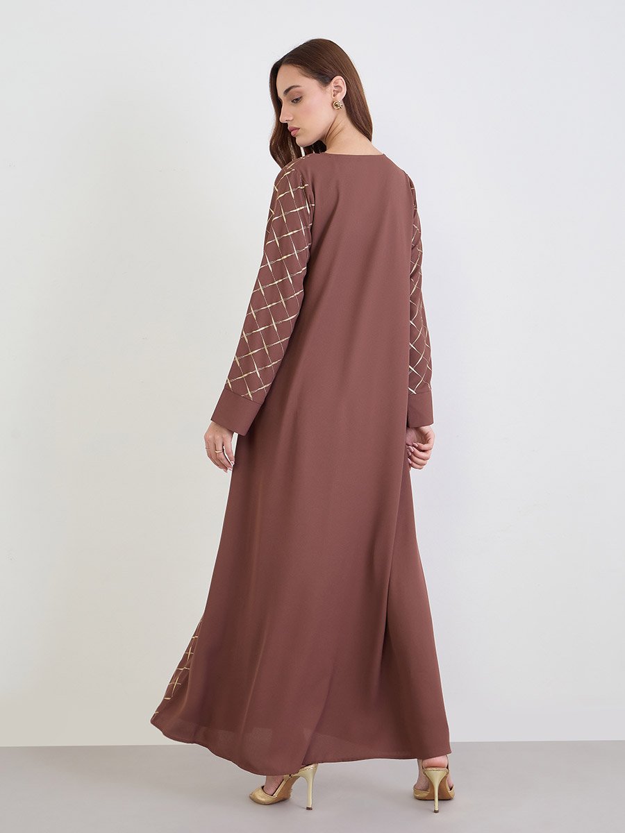  Brown Maxi Jalabiya with Gold Foil Print