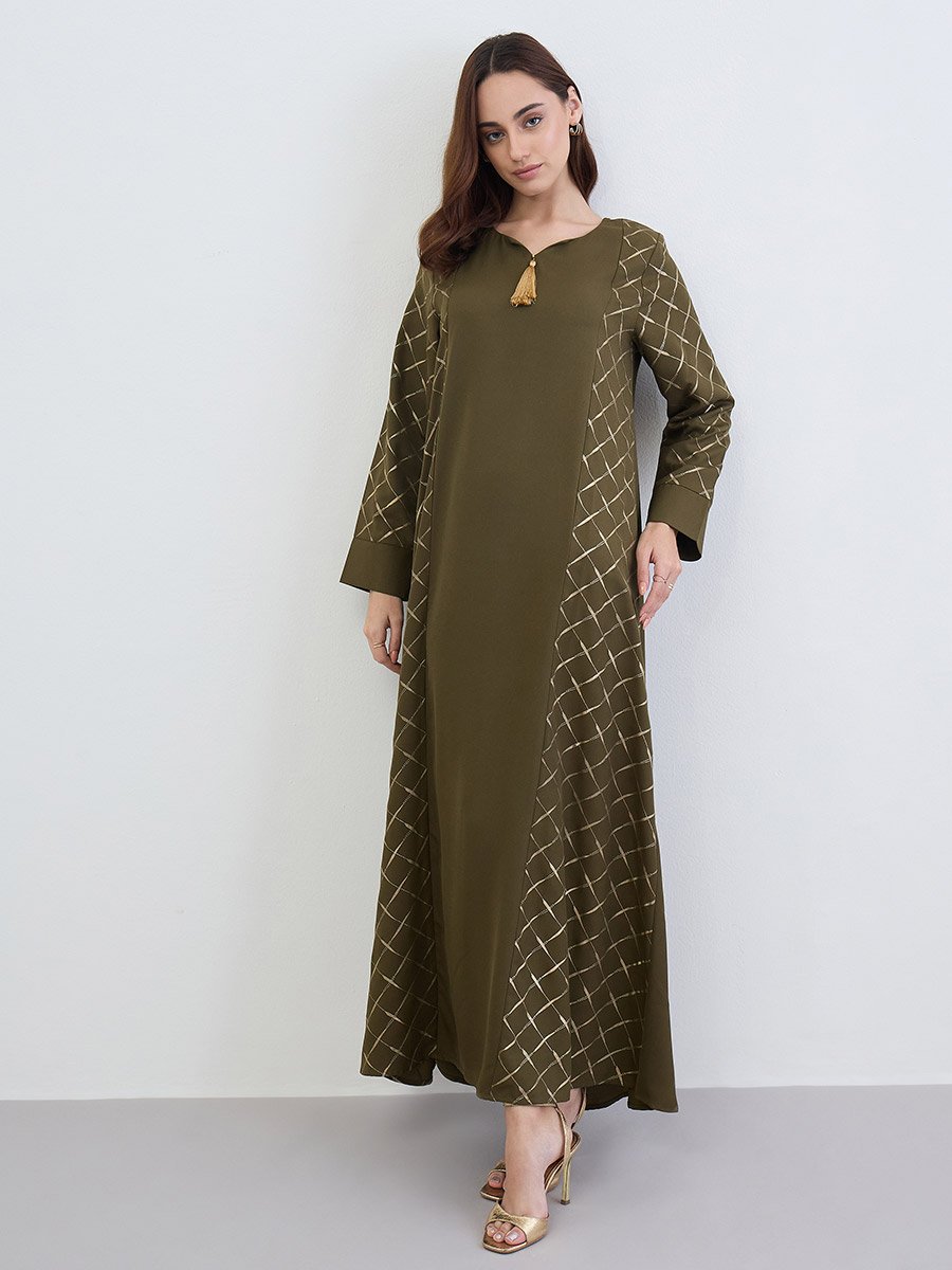 Green A-Line Jalabiya with Gold Lattice Print