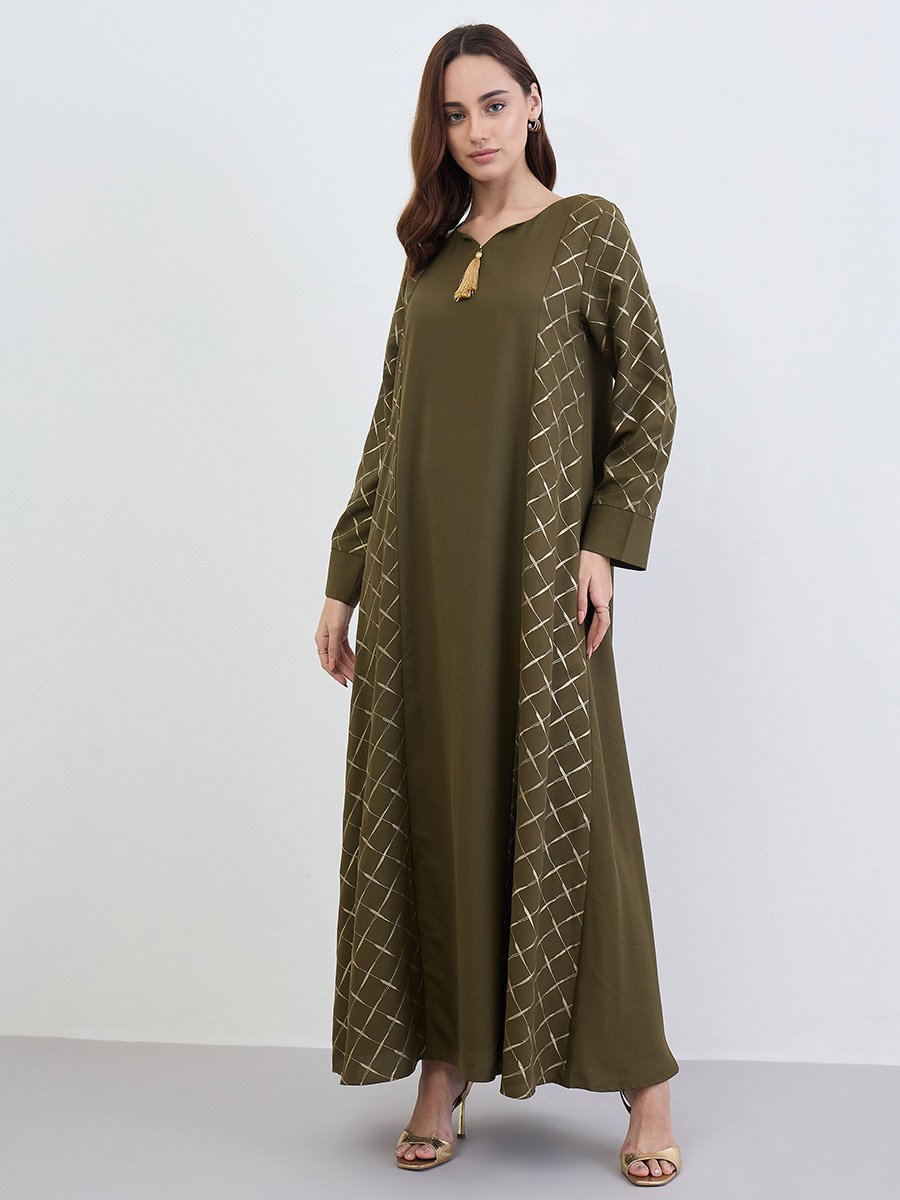 Green A-Line Jalabiya with Gold Lattice Print