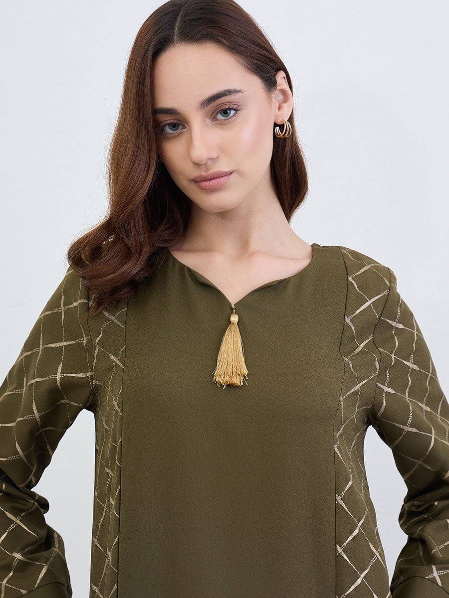 Green A-Line Jalabiya with Gold Lattice Print