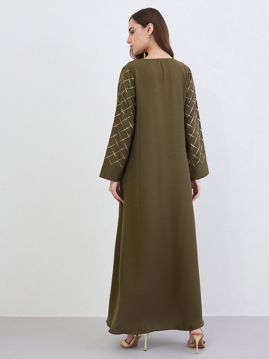 Green A-Line Jalabiya with Gold Lattice Print