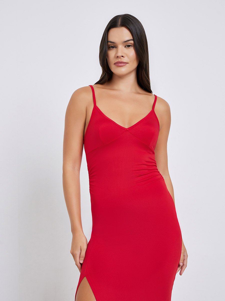 Solid Thigh High Slit Slip Dress with Briefs