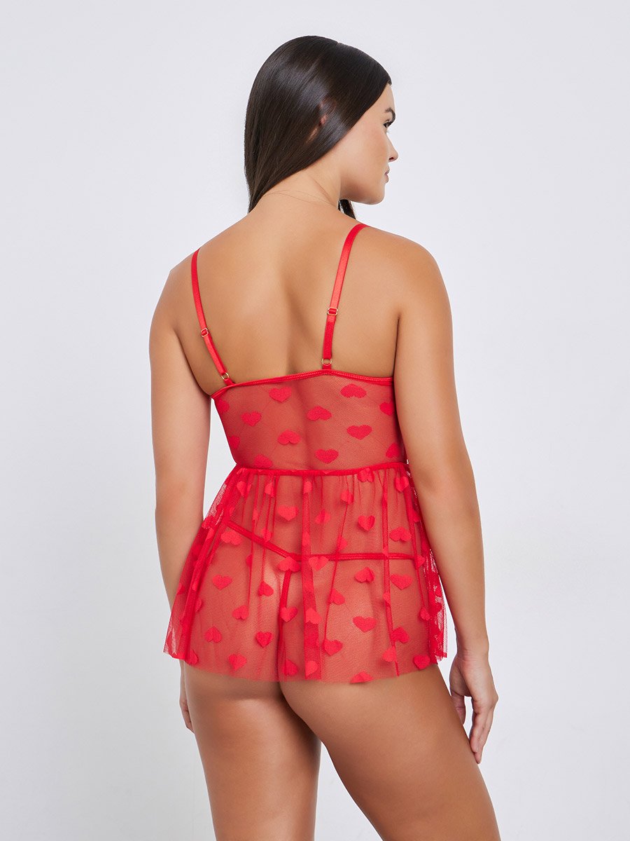 Heart Pattern Mesh Babydoll with Metal Ring Trim