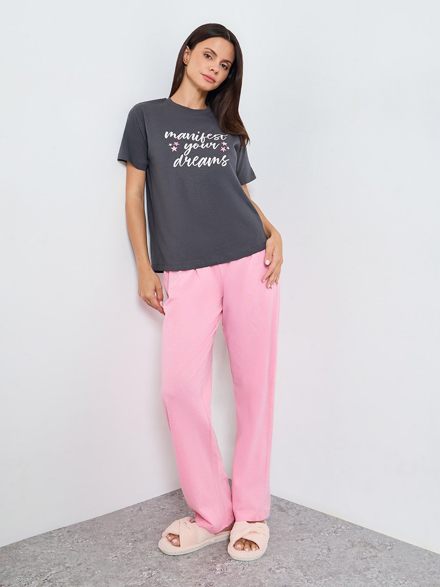 Slogan Print Cotton T-Shirt and Solid Pyjama Set