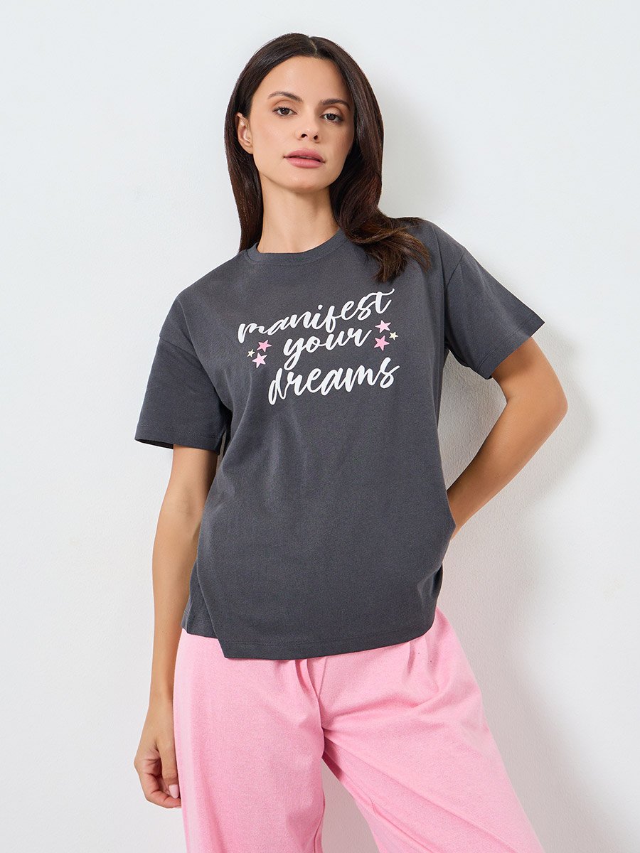 Slogan Print Cotton T-Shirt and Solid Pyjama Set