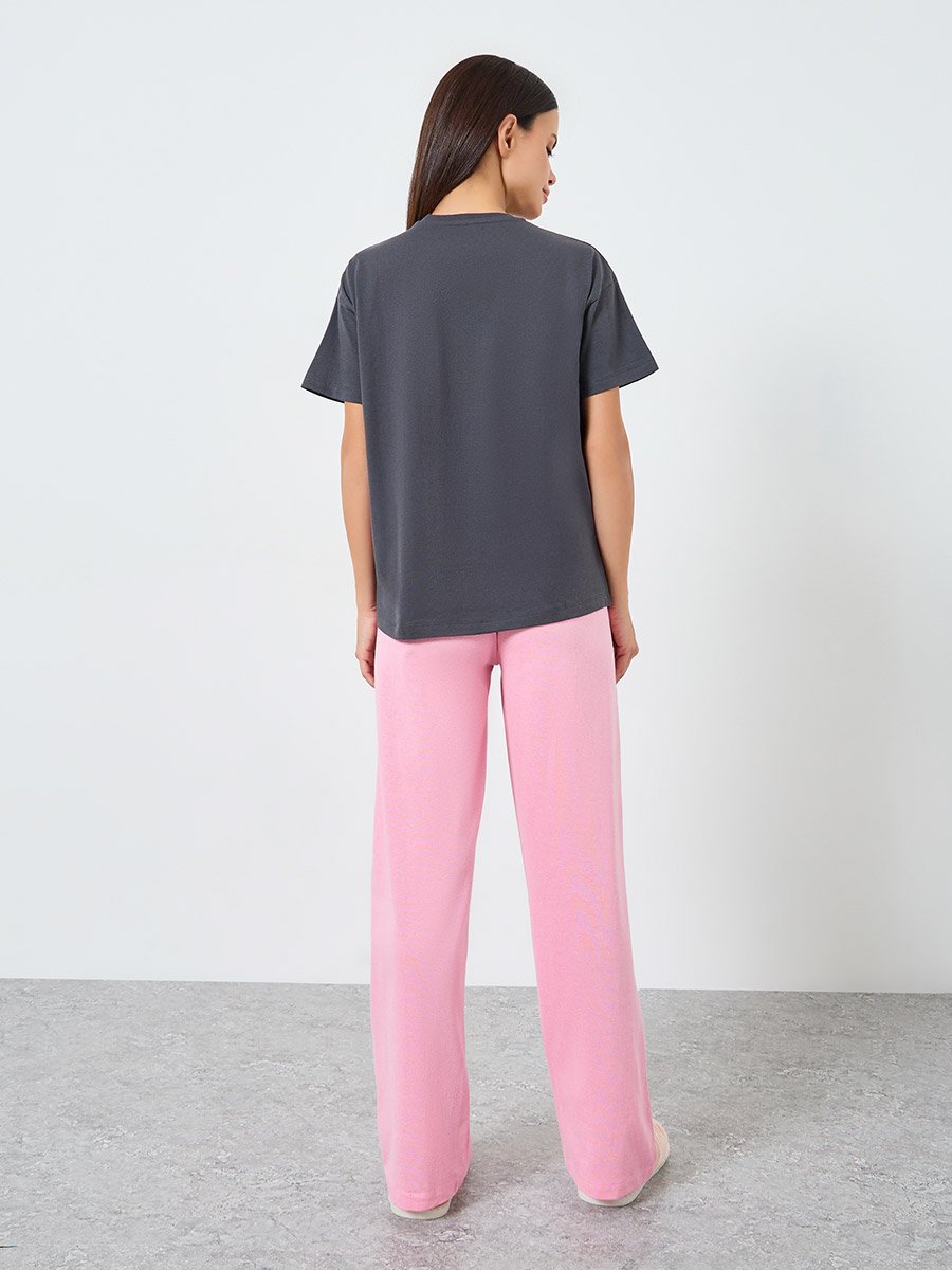 Slogan Print Cotton T-Shirt and Solid Pyjama Set