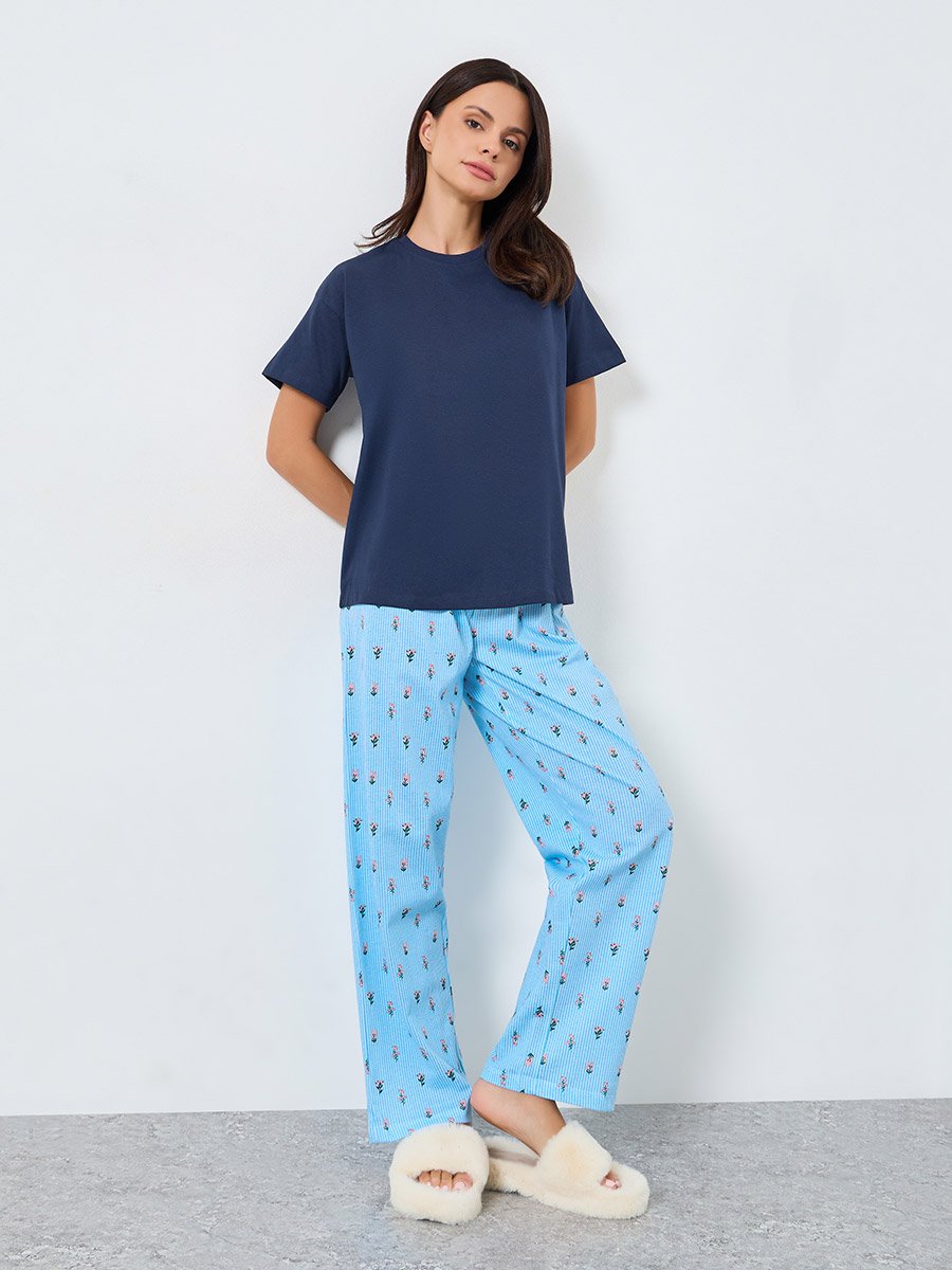 Solid Cotton T-Shirt and Floral Striped Pyjama Set
