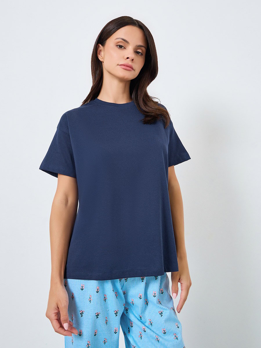 Solid Cotton T-Shirt and Floral Striped Pyjama Set