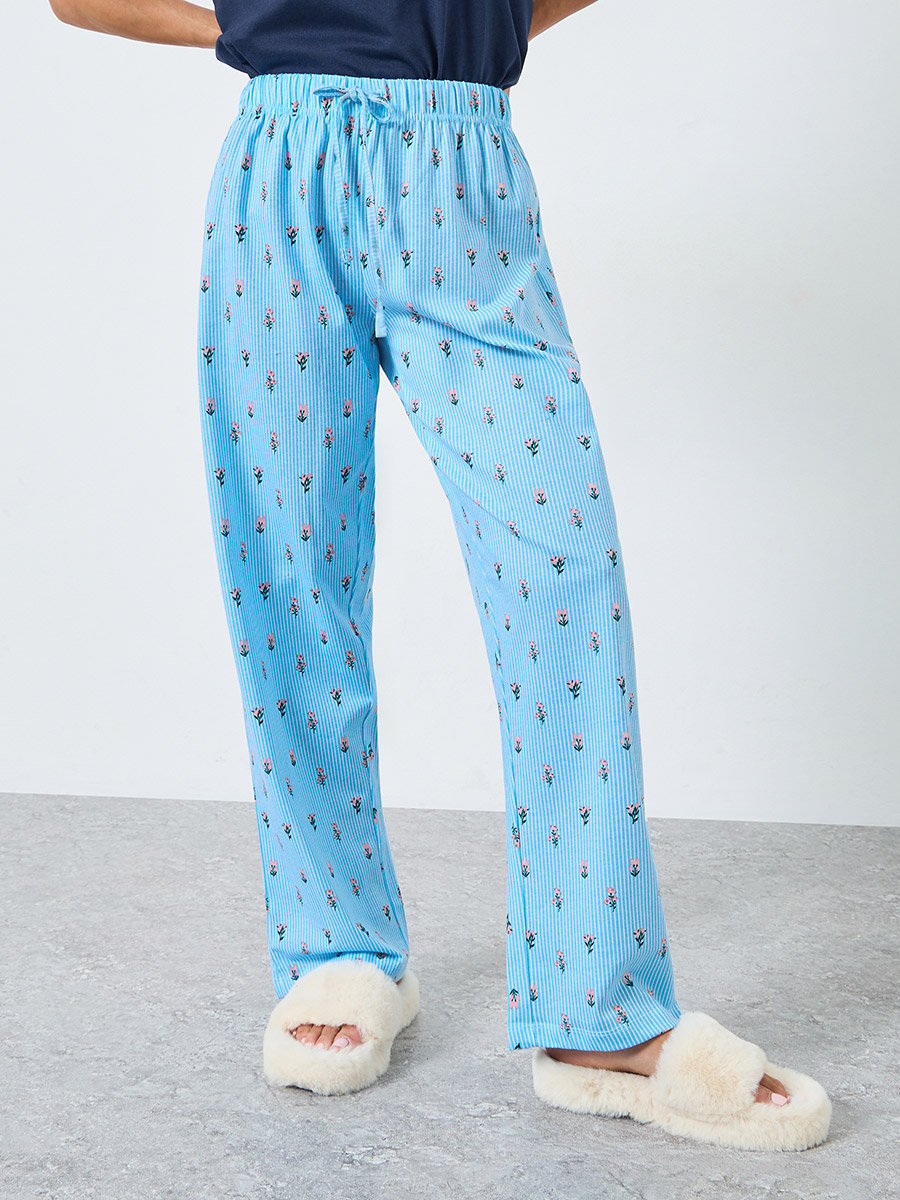 Solid Cotton T-Shirt and Floral Striped Pyjama Set