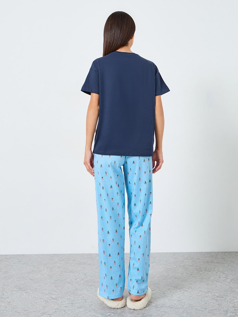 Solid Cotton T-Shirt and Floral Striped Pyjama Set