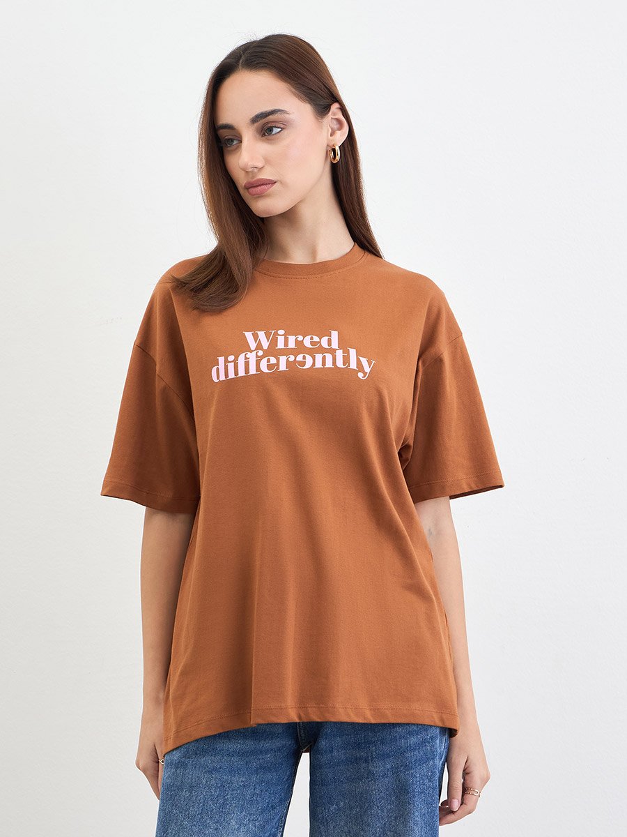 Brown Slogan Print Oversized T-Shirt