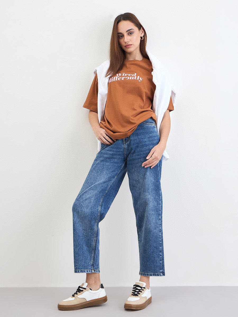 Brown Slogan Print Oversized T-Shirt