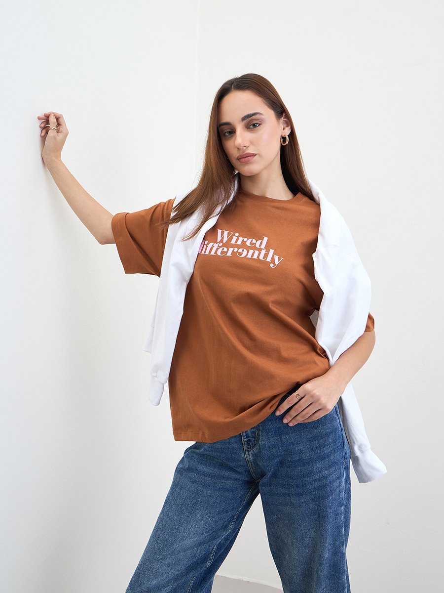Brown Slogan Print Oversized T-Shirt