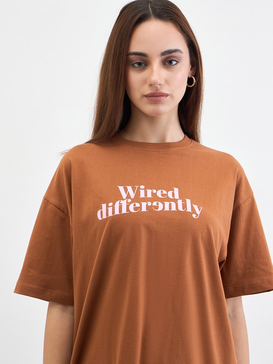 Brown Slogan Print Oversized T-Shirt