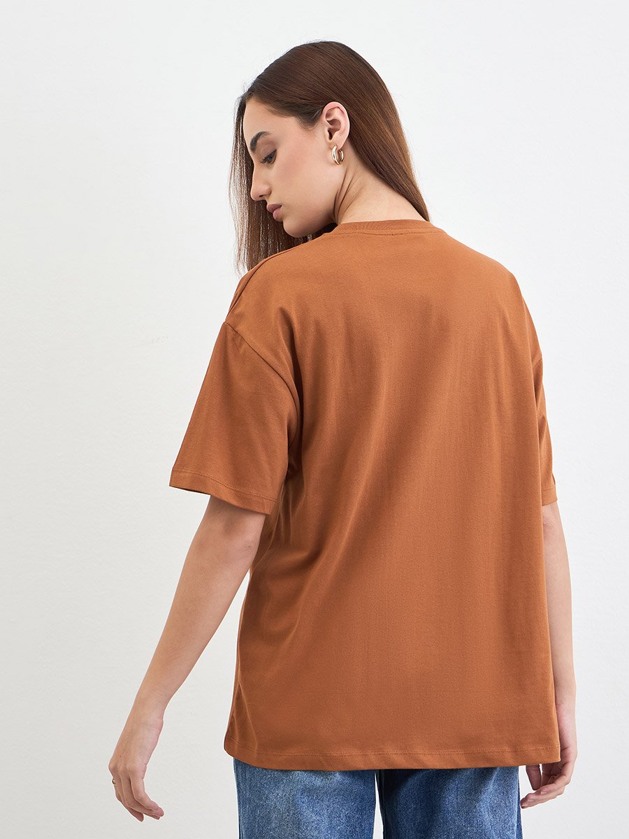 Brown Slogan Print Oversized T-Shirt