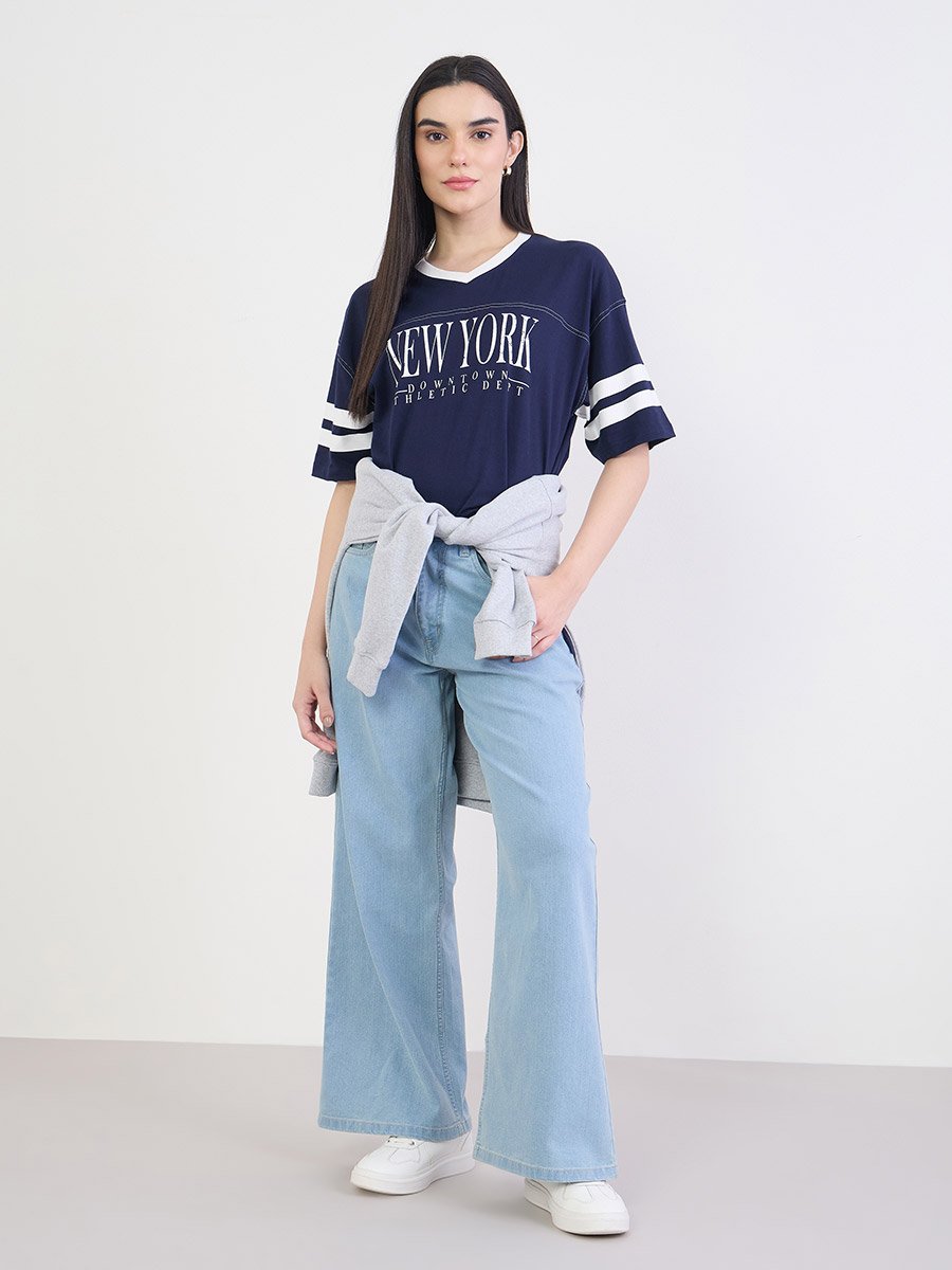 Navy Blue New York Graphic Oversized T-Shirt
