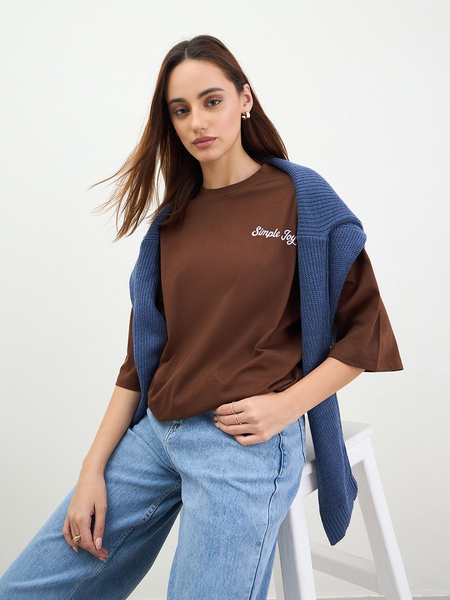 Brown Oversized Slogan T-Shirt