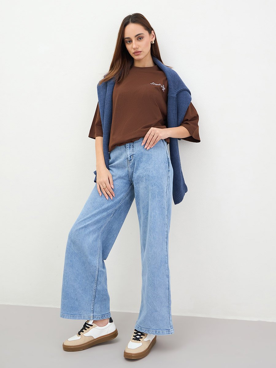 Brown Oversized Slogan T-Shirt