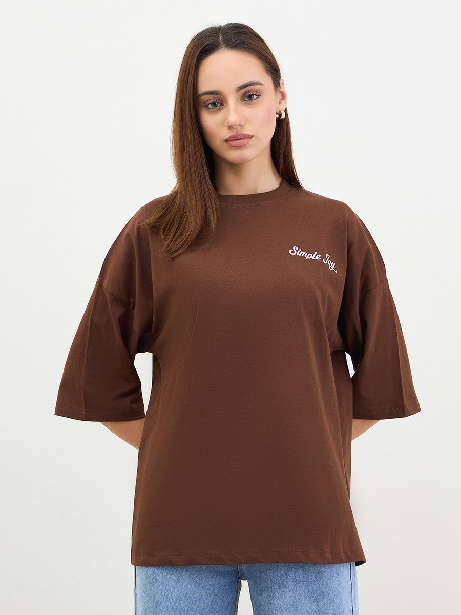 Brown Oversized Slogan T-Shirt