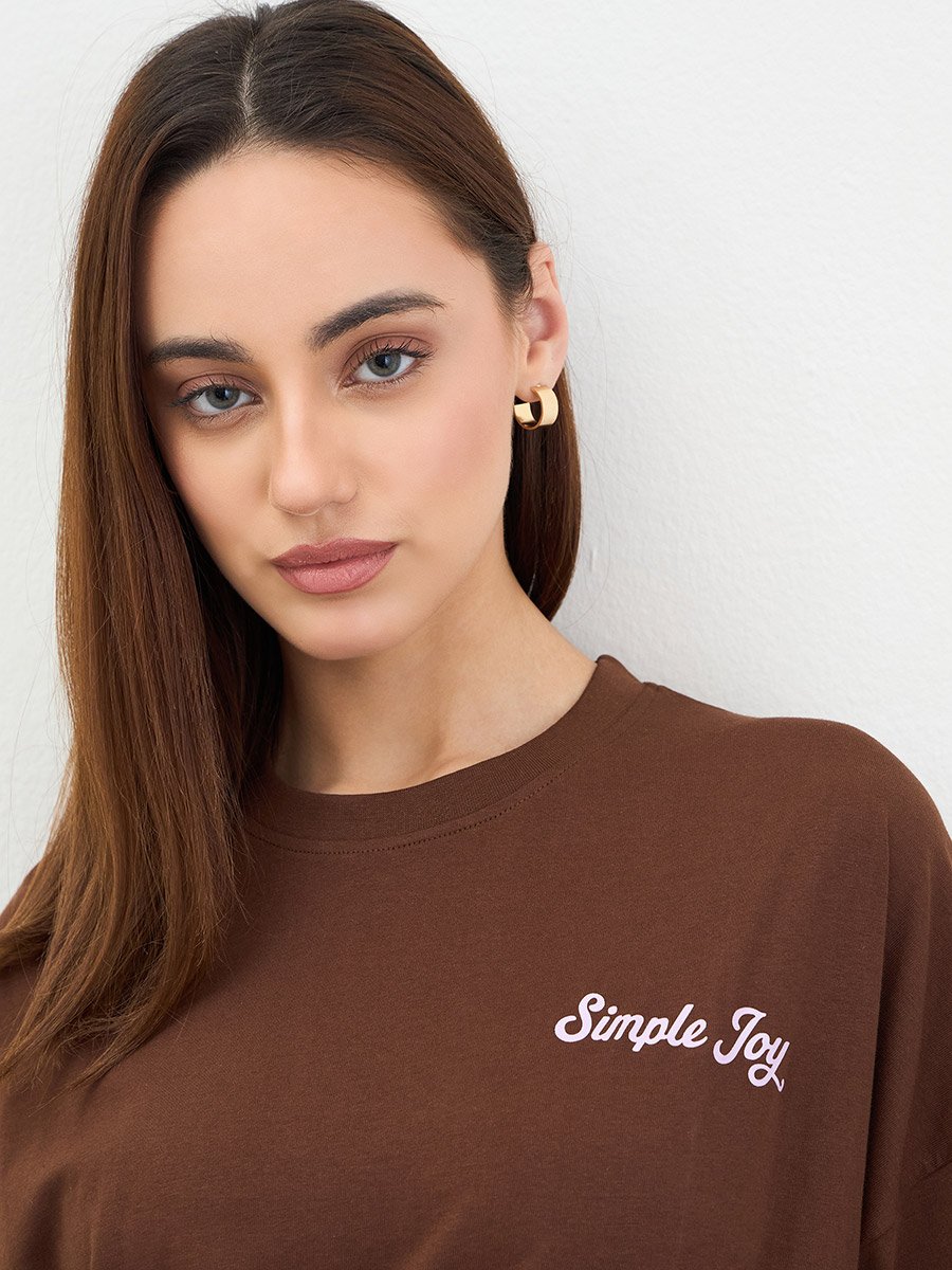 Brown Oversized Slogan T-Shirt